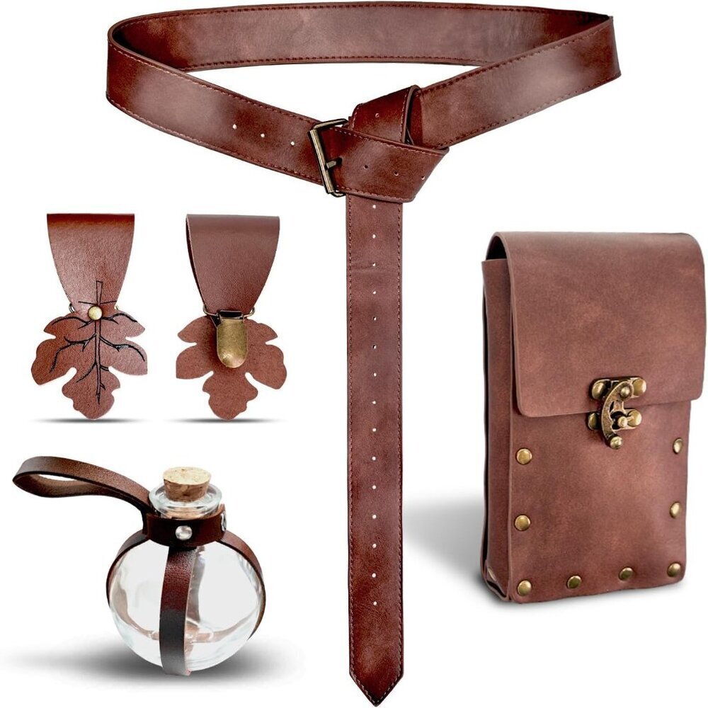 Women Renaissance Costume Set Leather Belt Pouch Potion Bottles Medieval